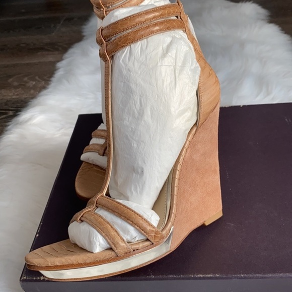 Brian Atwood Pinkston Open Toe Platform Wedge Heels Suede Sandals Tan Brown 7 37 - Picture 11 of 17